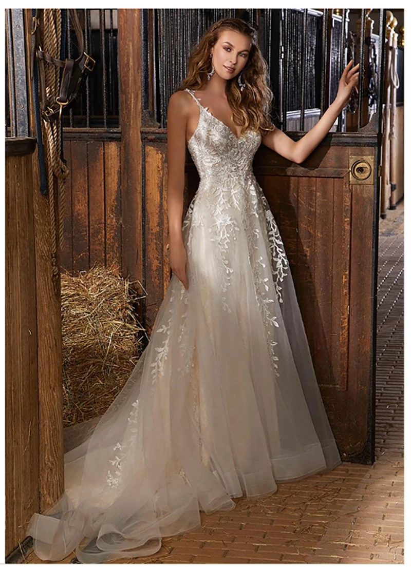 

LORIE A Line Wedding Dress Spaghetti Straps Robe De Mariee Sexy V Neck Lace Bridal Dress Boho Wedding Dress Buttons Back