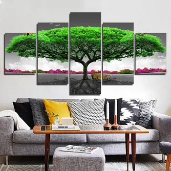 

Modular Canvas Painting HD Home Decor 5 Piece Green Tree With Chair Picture Modern Printed Landscape Poster Living Room Wall Art
