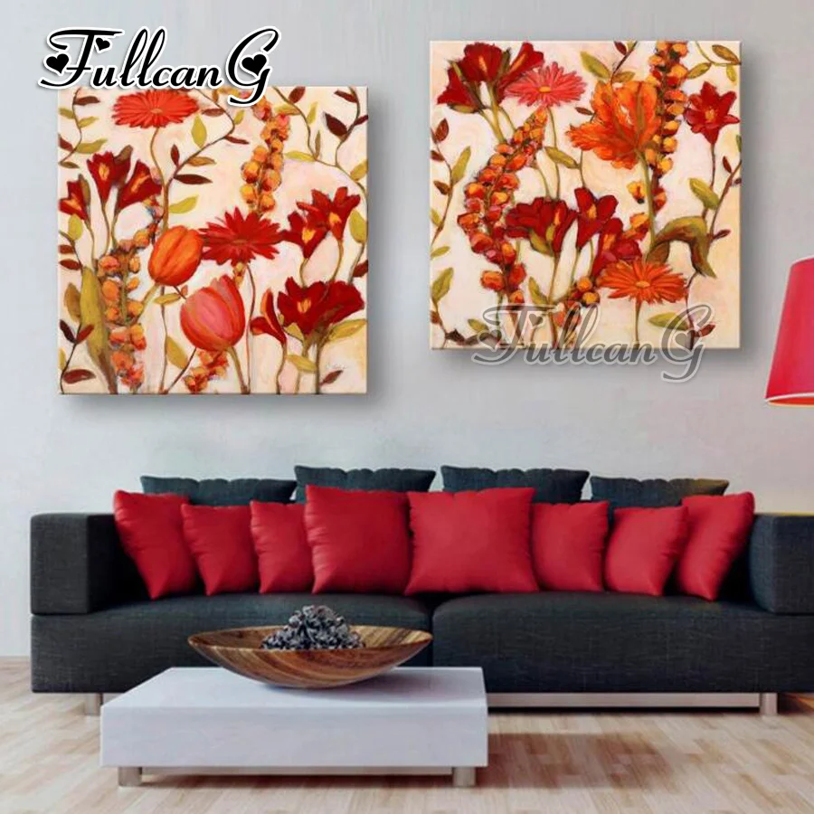 

FULLCANG 2pcs/set diy diamond painting "tulip red flower" 5d cross stitch kits diamant embroidery full square drill decor G1327