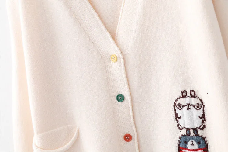 Kawaii Кардиган вязаный свитер для женщин Мори девушки сладкий мультфильм жаккард кнопка карман V шеи Осень Зима Пальто Sueter Mujer новинка