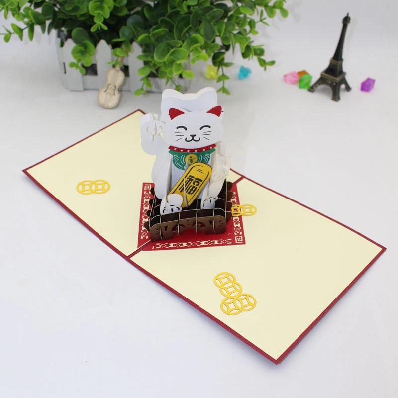  3D laser card Handmade Carving Blessed Lucky Lovely Japanese Fortune Cat Paper Invitation Greeting  - 32856986282