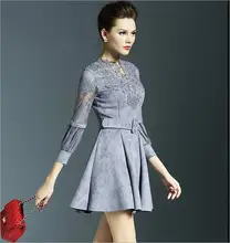 2016 Spring New European and American Fashion Temperament Openwork Lace Dress Short Mini Dress Gray Lantern Sleeve O-NeckA80333