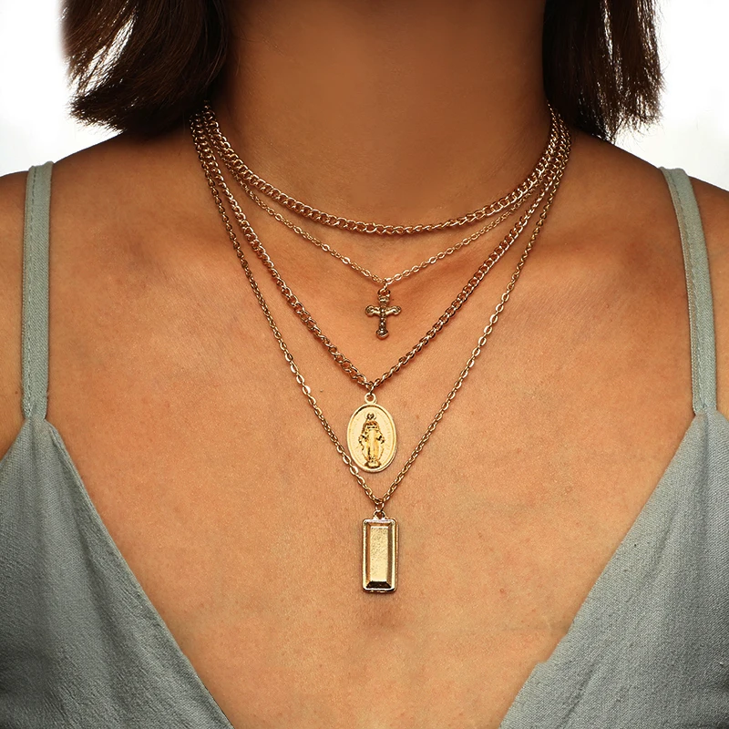

Tocona Bohemia Gold Color Cross Madonna Pendant Necklace for Women Religious Chokers Charms Layered Necklace Collar 2807