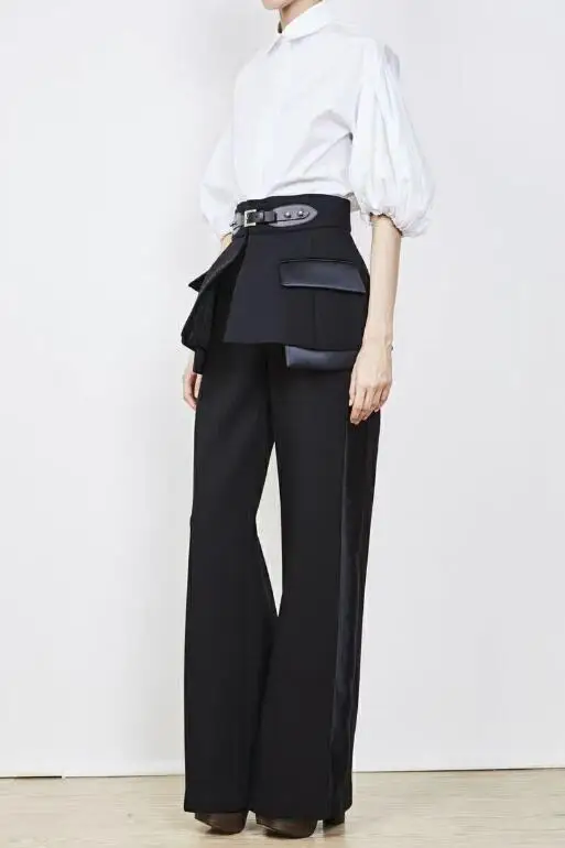 

2019 Spring Autumn Trouser For Women's Wide Leg Pants With Belts High Waist Loose Hit Colors Pants Female Elegant Clothes