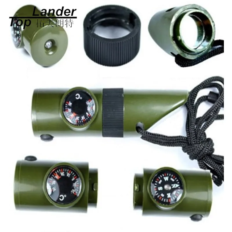 

7 in 1 Tool Camping Survival Whistle Compass Thermometer LED Rescue Military Whistle Multifunction Whistle Survival Kits