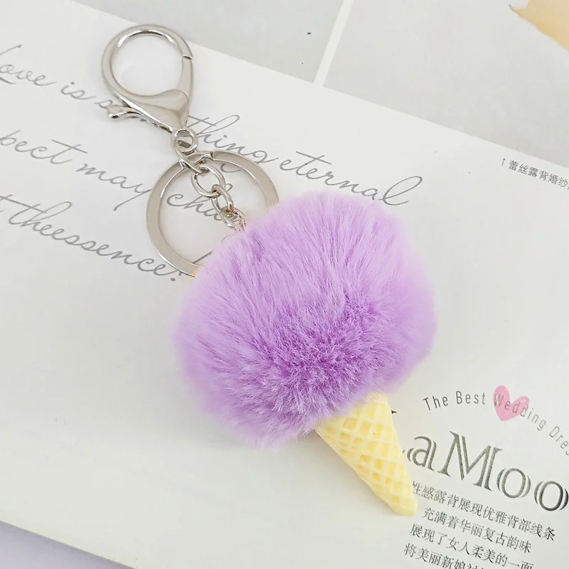 Cute Girl Fluffy Rabbit Fur Ball Pom Ice Cream Keychain Women Pompom Key Chain On Bag Car Trinket Jewelry Wedding Party Gift | Украшения и