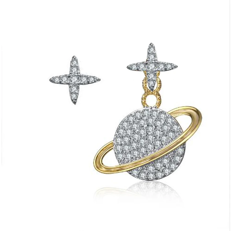 

2018 New Gold Color Asymmetric Planet Stud Earrings For Women Korean Fashion Personality Cubic Zirconia Earrings
