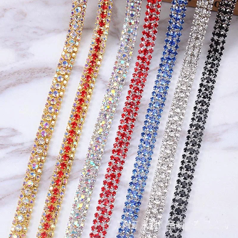 

Free Shipping 5 Yards 3 Rows Colorful Crystal Rhinestone Chain, Rhinestone Applique Bridal Sash,Rhinestone Trimming WK001