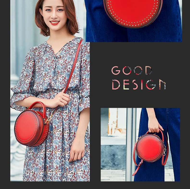Branded fashion bags reather vintage round bag women's handbags genuine leather female bag (4)