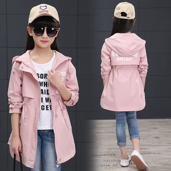 

2018 Spring Girls Jacket Kids Clothing Girl Fashion Trench Coat Teenager Girl Hooded Coat Long Jackets 4 6 8 10 12 14 Y