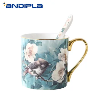 

380cc European Style Ceramic Bone china Coffee Mug Spoon Hand Painted Flower Master Cup Fruit Juice Water Breakfast Drinkware