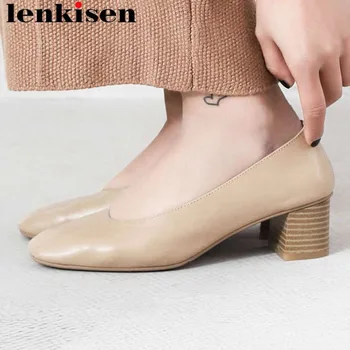 

Superstars woman brand office lady shallow pumps luxury cow leather chunky med heels lsip on square toe dating dress shoes L02