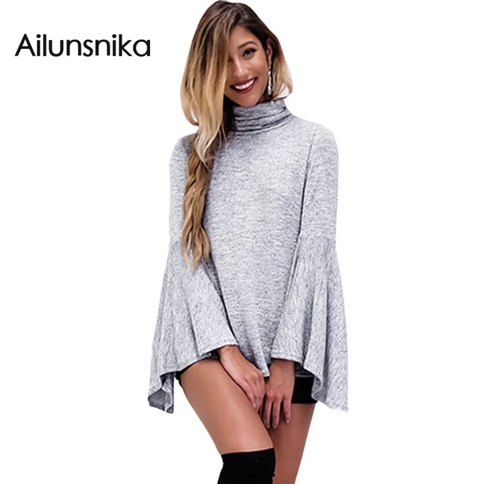 New arrival sexy Fashion 2017 Womens Tops And Blouses Flared Bell Sleeve High Neck Knit Blouse Long Sleeve Shirt Women DL25940
