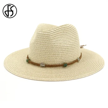 

FS Casual Panama Jazz Straw Hat For Men Women Summer Sun Hat Wide Brim Vintage Fedora Outdoor Beach Cap Sombrero Chapeau Femme