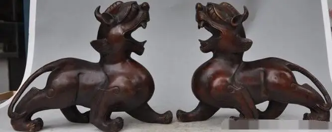

S00842 10"China Bronze FengShui Wealth Guardian Unicorn Lion PiXiu Animals Statue pair B0403