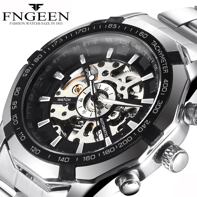 

FNGEEN Top Brand Men's Watches Luxury Hollow Mechanical Watch Men Stainless Steel Fashion Wristwatch Male Relogios Masculino