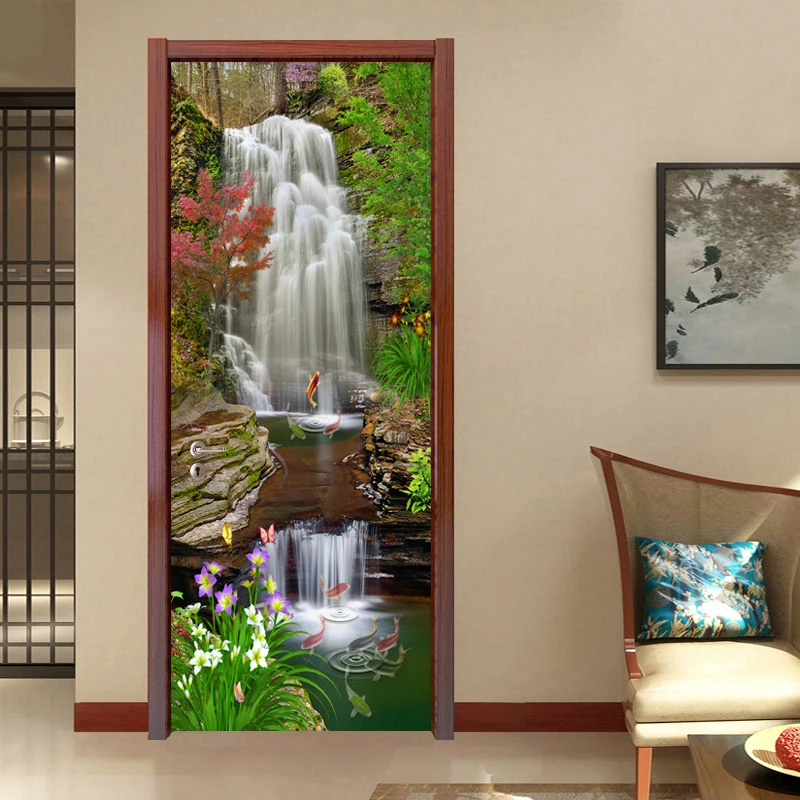PVC Self Adhesive Waterproof Photo Wallpaper 3D Waterfalls Nature Landscape Murals Living Room Study Door Sticker 3 D Home Decor