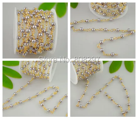 

33feet Gold Color Wire Wrapped Beaded Chains , Rosary Chain in Imitation Pearl For Bracelet Necklace