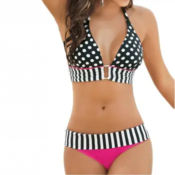 

Hot Women Swimwear Bikini Set Striped 2Pcs Tankini Triangle Halter Swimsuit Bandage Push-up Padded Bra Beach Bathing Suit