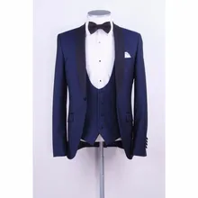 Последние пальто брюки конструкции Темно-синие смокинг жениха Черный шалевыми лацканами Блейзер 3 предмета свадебные костюмы для выпускного для Для мужчин дружки одежда