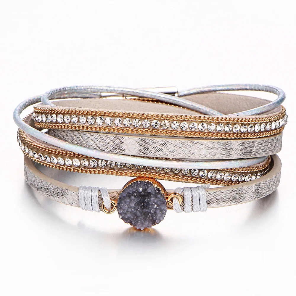 DIEZI винтажные мужские серебряные браслеты с драгоценным камнем для женщин, повседневные подарочные браслеты с магнитной пряжкой из искусственной кожи стразы, браслеты