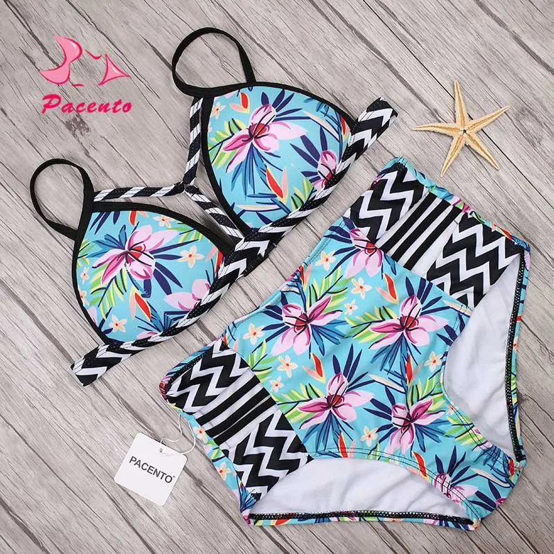 

Pacento Bikini Set Hollow Print Floral Sexy Swimwear Women 2018 Push Up Swimsuit Women High Waist Bikinis Women Plus Size Plavky