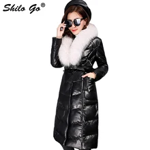 SHILO GO пуховое кожаное пальто Женская Зимняя мода Овчина натуральная длинное кожаное пальто натуральный Лисий мех воротник длинный рукав теплое пальто