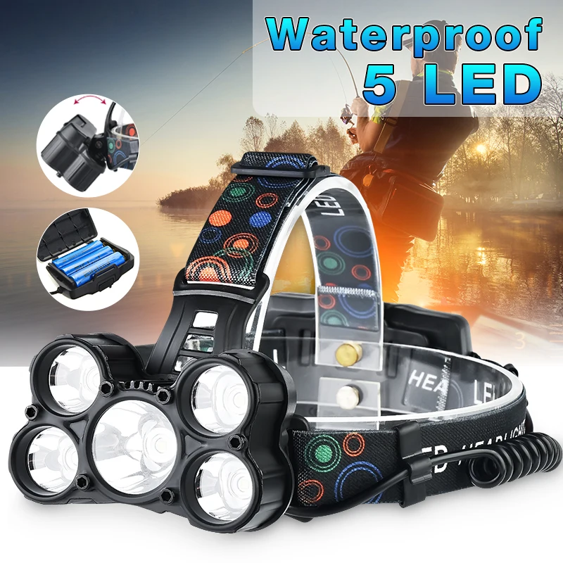 

LED Headlamp 60000lm 5*T6 Fishing Headlight Bike Flashlight Torch Forehead Waterproof Head Lamp Light 18650 Rechargeable Battery