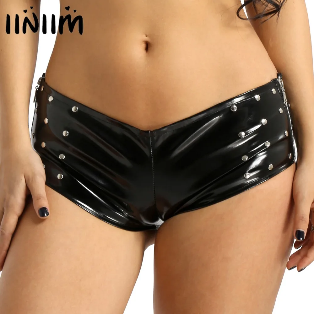

Women Wetlook Shorts PU Leather Size Zipper Studded Women's Clothing Sexy Fashion Adult Girls Hot Shorts Night Party Clubwear