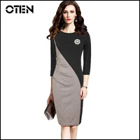 OTEN-Women-Office-dress-Plus-size-Ladies-3-4-sleeve-Ruched-brooch-Patchwork-contrast-color-formal