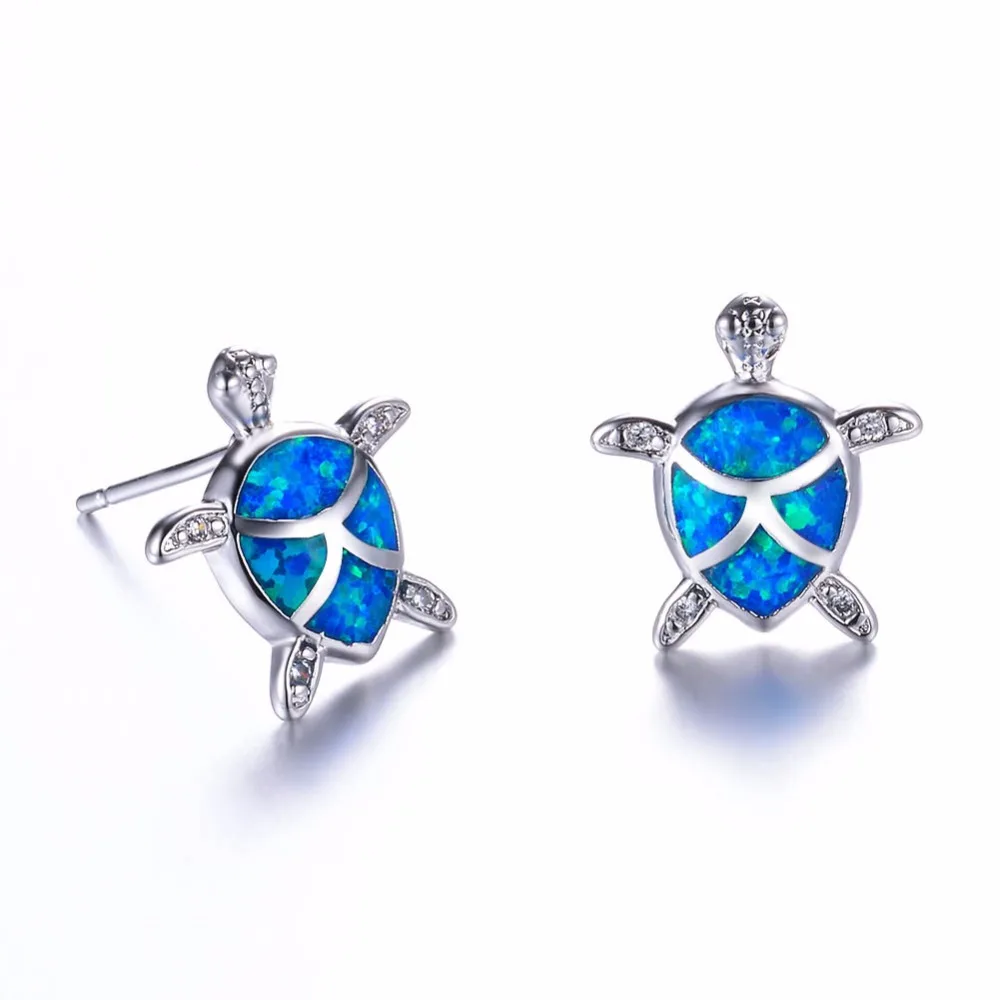

New 925 Sterling Silver Lovely Turtle Stud Earrings Brincos White Blue Fire Opal Animal Earrings
