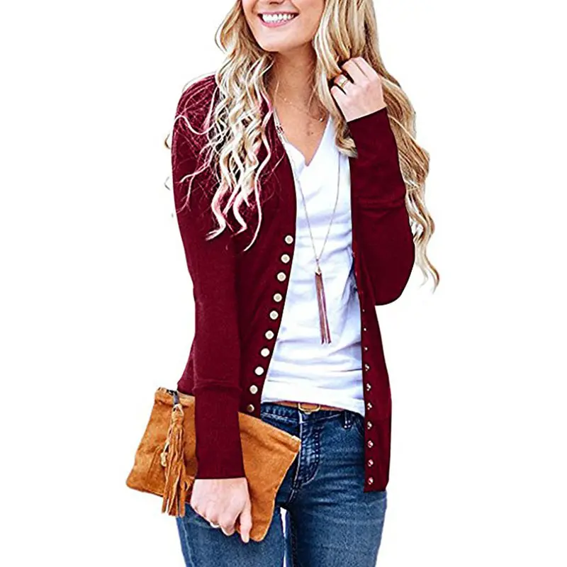 V Neck Button Cardigan Women streetwear Casual Solid Black