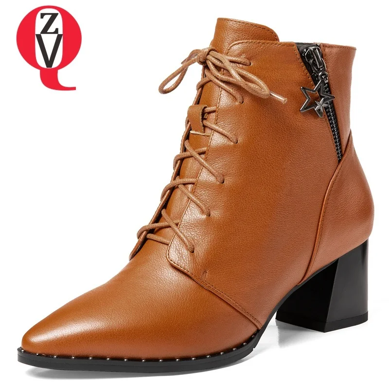 

ZVQ 2018 new hot sale large size women shoes fashion sexy genuine leather high square heel pointed toe zip cross-tied booties