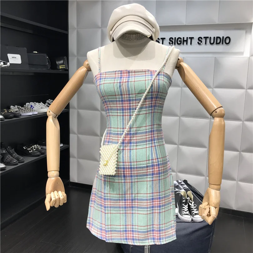 

TAOVK Summer Female Plaid Sling Strapless Slim A-line Dress