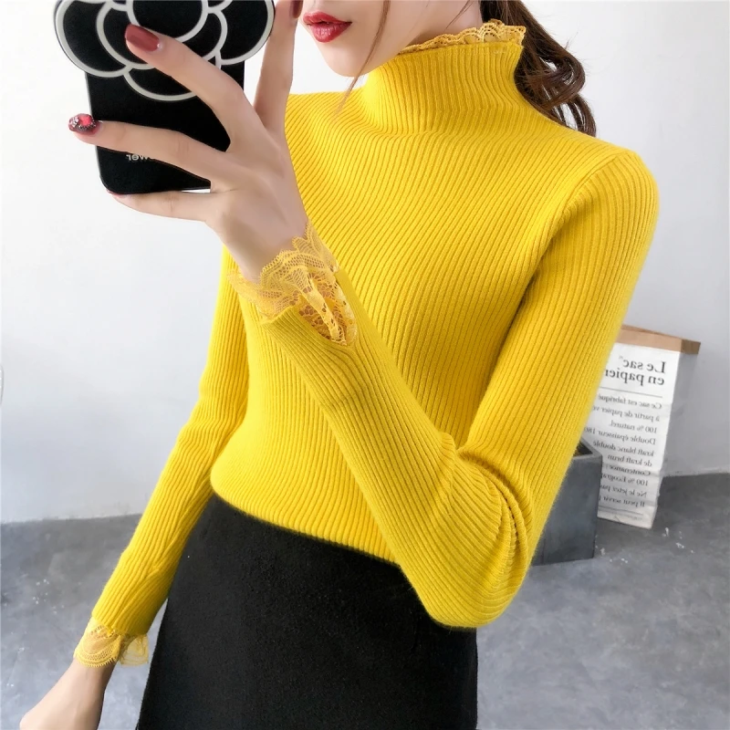 High Elastic Knitted Sweater Women 2018 Autumn Winter Lace Patchwork Long Sleeve Women Sweaters And Pullovers Female Pull Femme