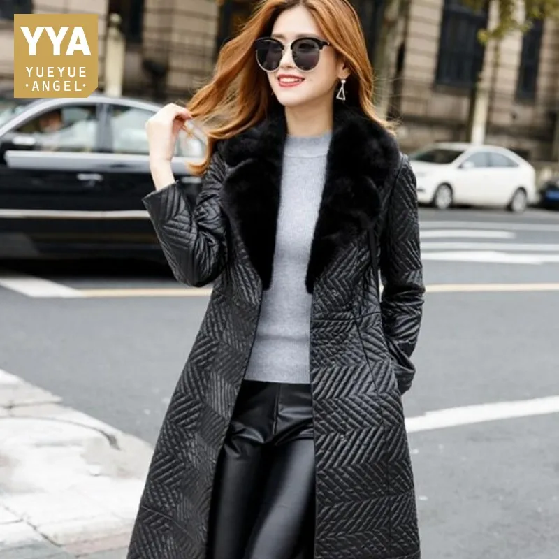 

Fashion Luxury Mink Fur Collar Long Coat 100% Sheepskin Slim Fit Belt Genuine Leather Jacket Office Ladies Black Clothes Female