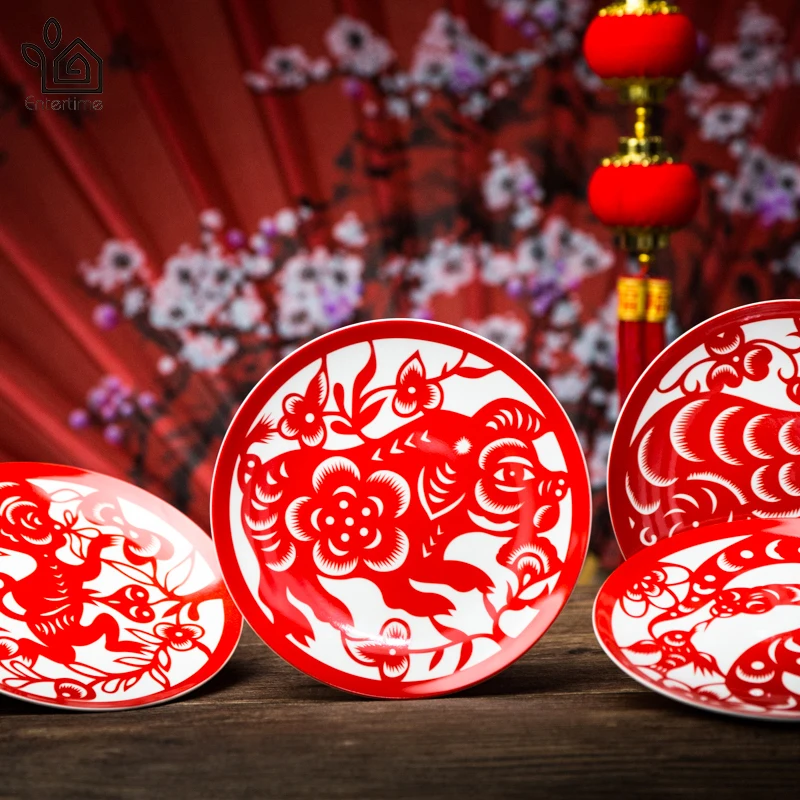 

Entertime Chinese Zodiac ceramic dish plates bone China food plates cute Chinese paper cutting dessert plates dinnerware set