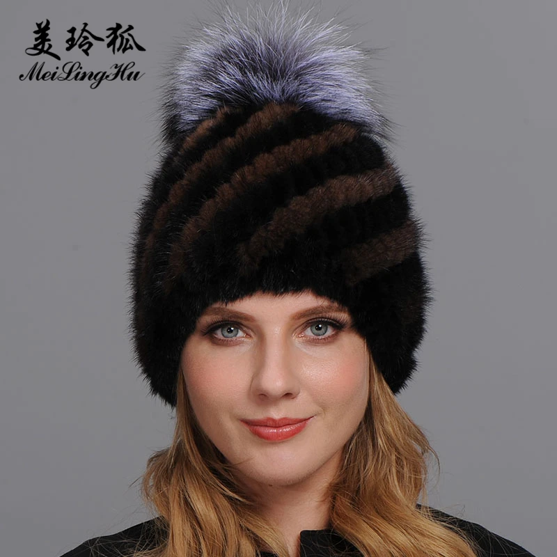 

Winter Real Mink Fur Hats Women Warm Pineapple Cap Fox Fur Ball On The Top Hat Beanies Female 100% Natural Genuine Mink Fur Cap