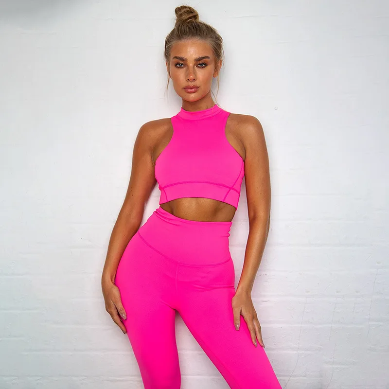 

Sport Women 2 Piece Fitness Set Back Zipper Workout High Waist Leggings and Crop Top Gym Suit Yoga Outfits Sportswear Tracksuit