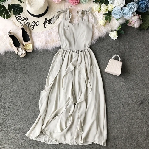Light Green Для женщин летние корейский оборки однотонные Цвет Повседневные платья Леди Элегантное Длинное платье без рукавов Vestidos F501 - Цвет: Light Green