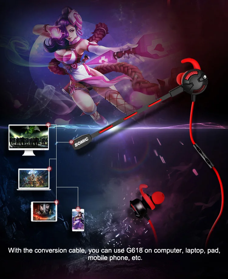 Somic G618 Игровые наушники-вкладыши с микрофоном для компьютера ноутбука 3,5 мм Проводная гарнитура для планшета мобильного телефона
