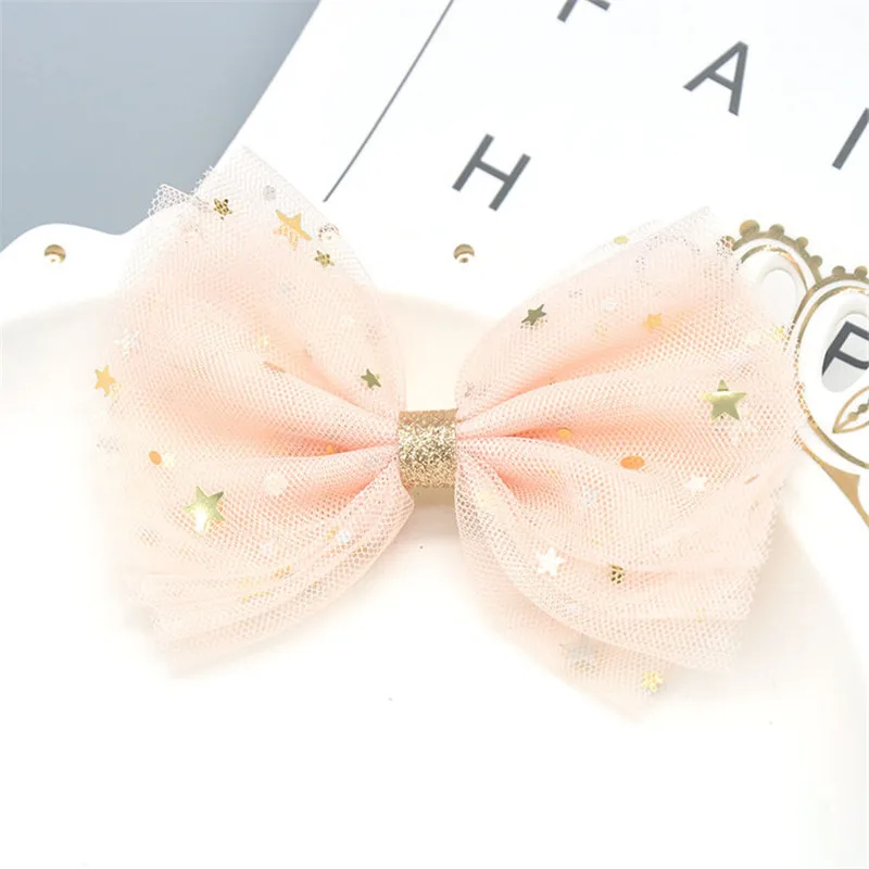 Newest 1 piece Star Big Mesh Lace Bows Accessories With Clip Boutique Bow Hairpins Hair Ornaments - Цвет: Бежевый