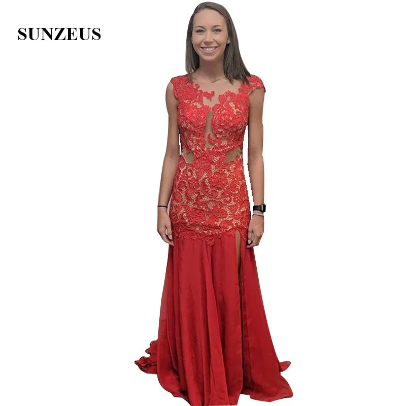 

Red Prom Dresses Mermaid Cap Sleeves Sexy Open Back Party Gowns Lace Chiffon Summer Special Occasion Dress Gala