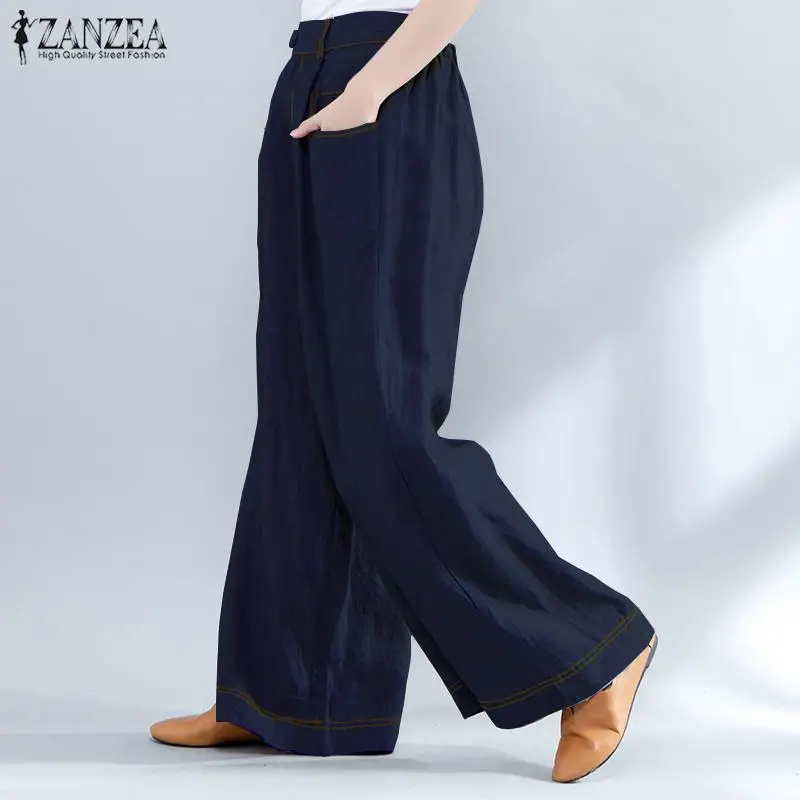 Женские брюки ZANZEA размера плюс, широкие брюки, модные женские штаны с эластичной резинкой на талии, мешковатые Панталоны Palazzo, повседневные штаны, 5XL