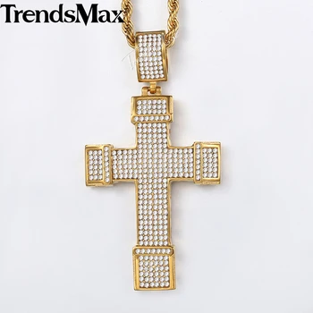 

Men's Hip Hop Ice Out Paved Rhinestones CZ Cross Necklace Stainless Steel Pendant Gold Silver Color Dropshipping 2018 KKNM164