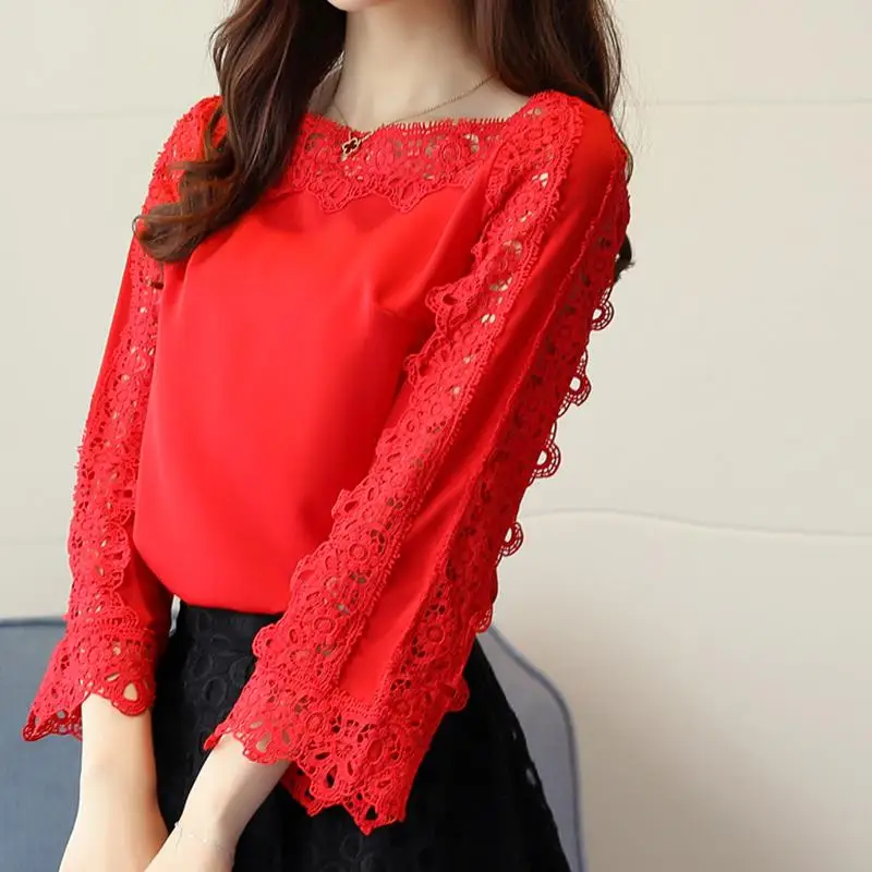 Women Elegant Chiffon Blouse Shirt Tops New Spring Red Lace Floral