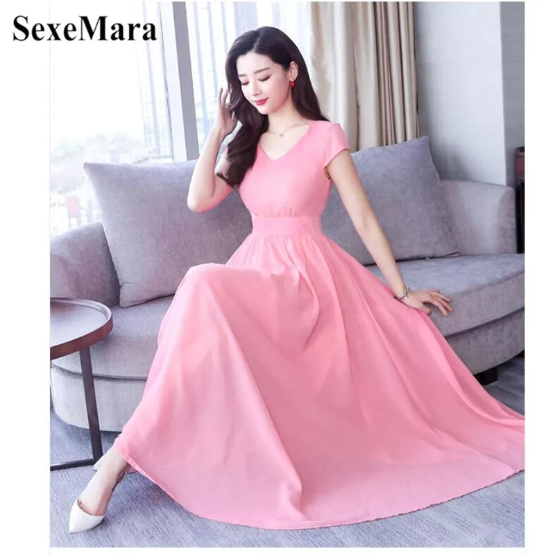 

SexeMara Bohemian V-Neck Solid Color Slim Slimming Chiffon Dress Temperament Beach Female 2019 Summer New Pink Red Green Blue