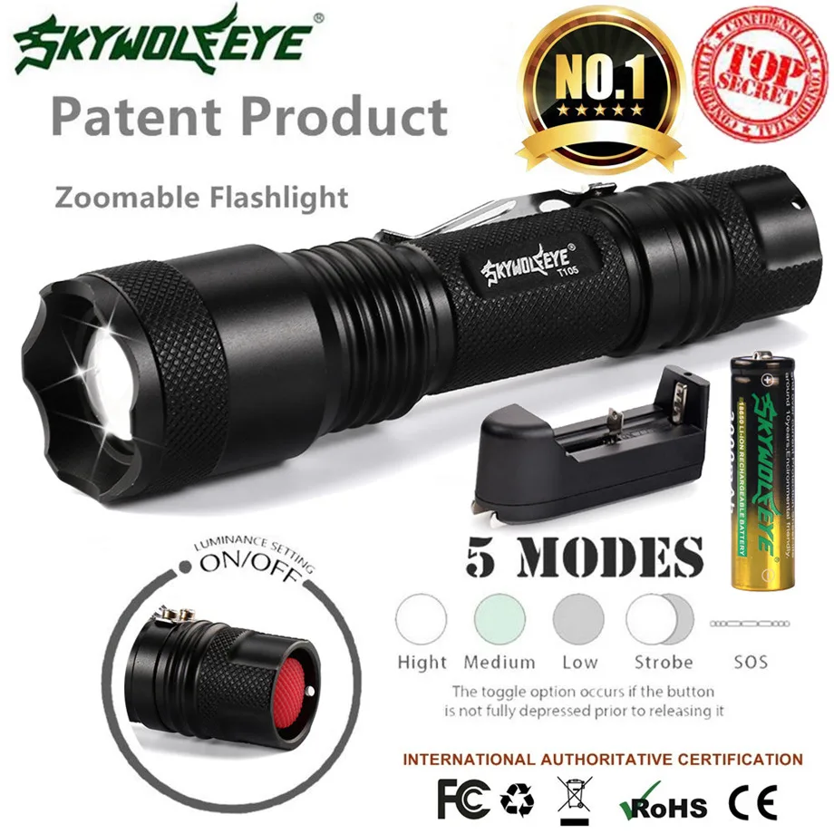 

Skywolfeye Zoomable 5-Mode XMLT6 LED Flashlight Torch Lamp Light 18650 Battery+Charger Dropshipping #1101