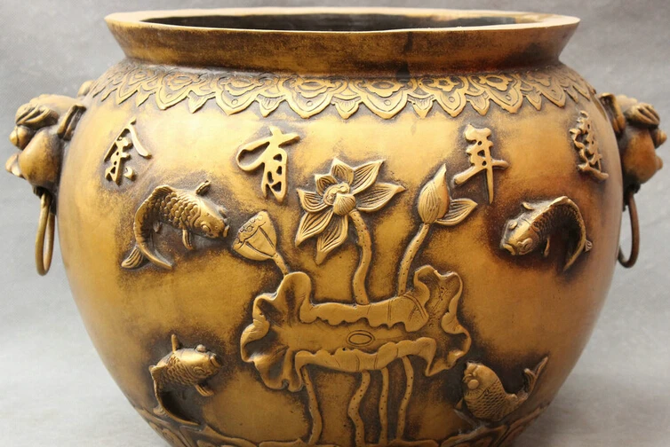 

JP S0608 15" Palace Chinese Bronze Buddhism Lion Head Statue Fu Fish Bowl Jar Jug Censer B0403