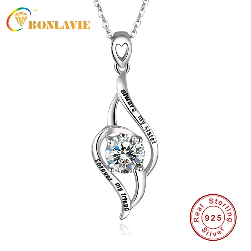 

BONLAVIE Always My Sister Forever My Friend pendant necklace personalized white crystal 925 silver friendship necklaces jewelry